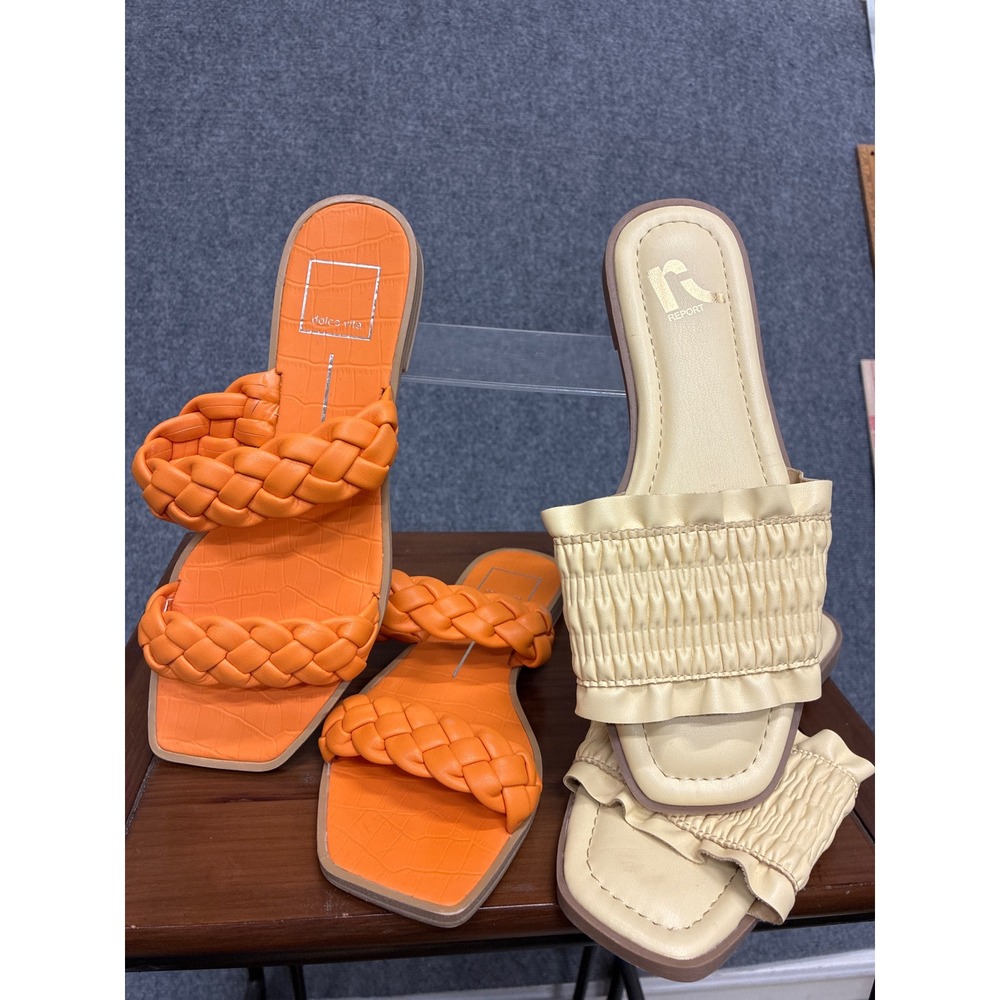 Lot of2 Dolce Vita Orange Braided & Report Cream Ruffle Slide Sandals Bundle 6.5